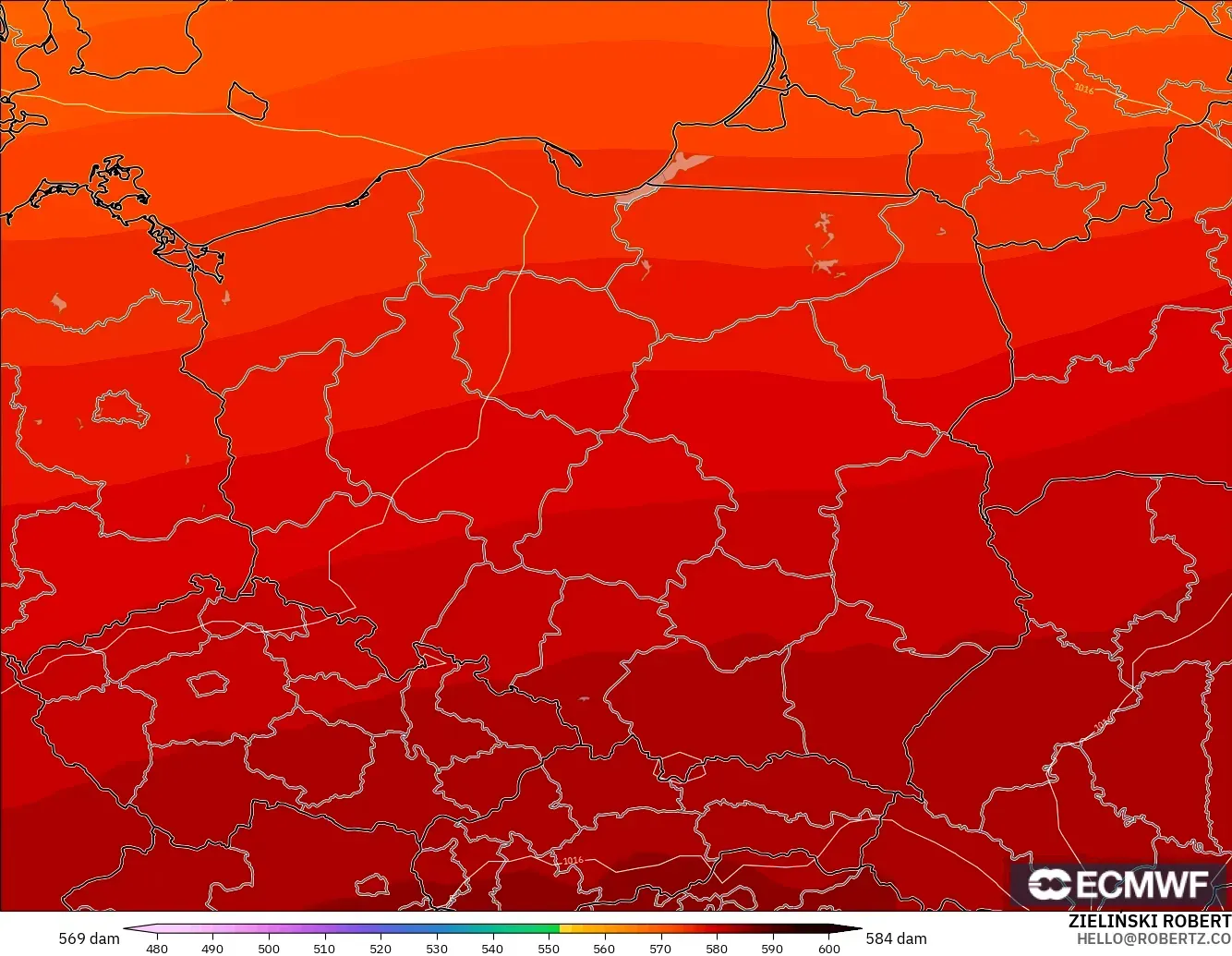 ECMWF IFS 0.25° модель - Польша, 500 гПа деңгейіндегі геопотенциал биіктігі