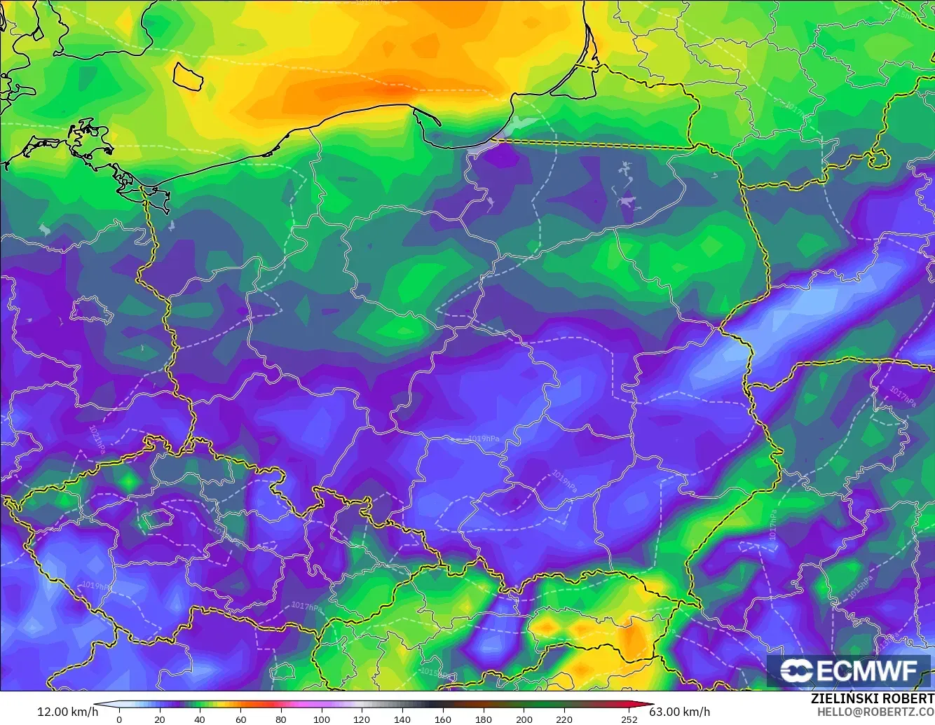 ECMWF IFS 0.25° модель - Польша, Ең Жоғары Екпін