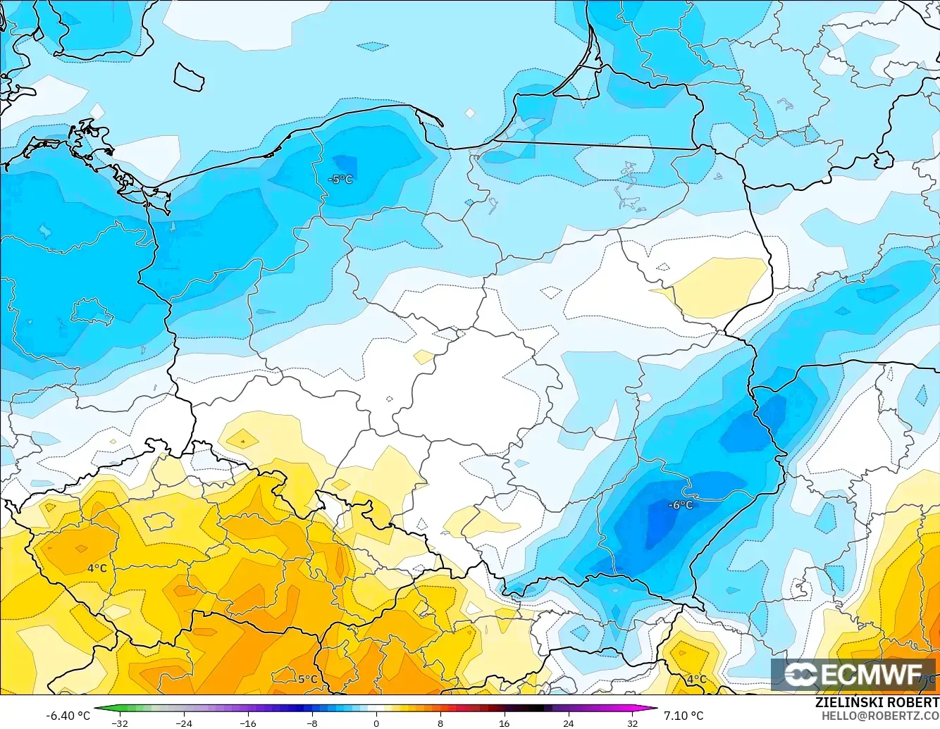 ECMWF IFS 0.25° модель - Польша, 2 м Температура Аномалиясы