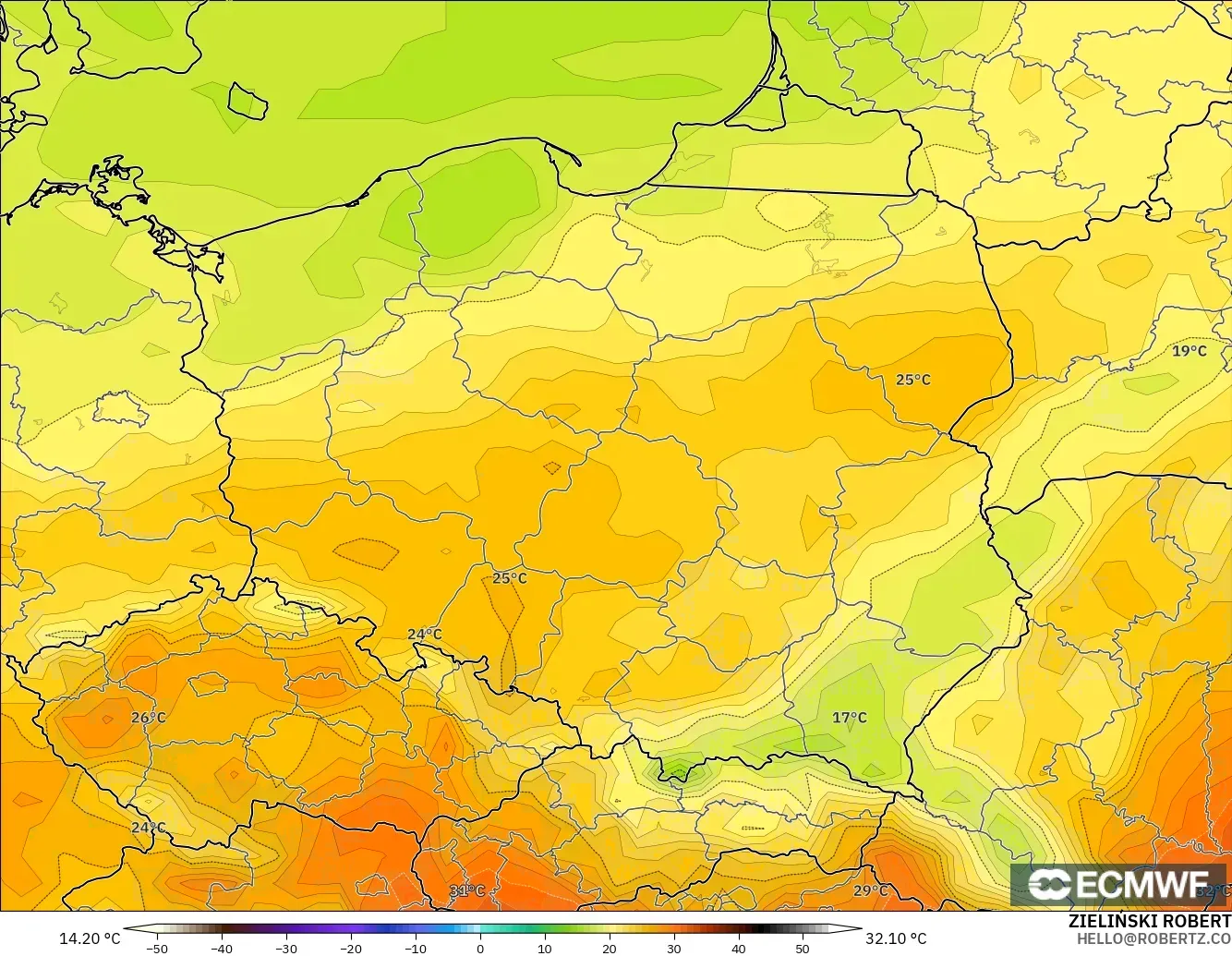 ECMWF IFS 0.25° модель - Польша, Температура 2 м