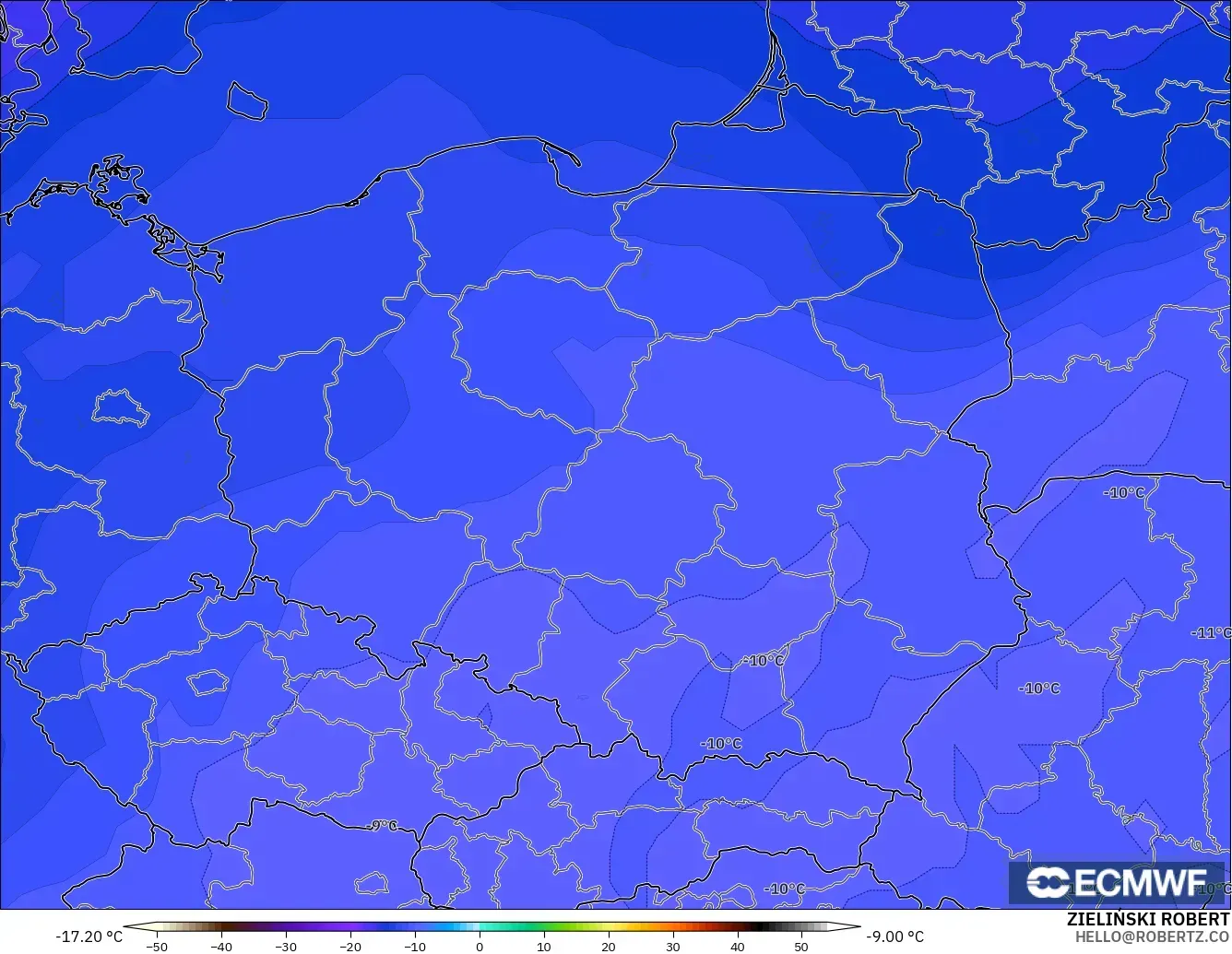 ECMWF IFS 0.25° модель - Польша, Температура 500 hPa