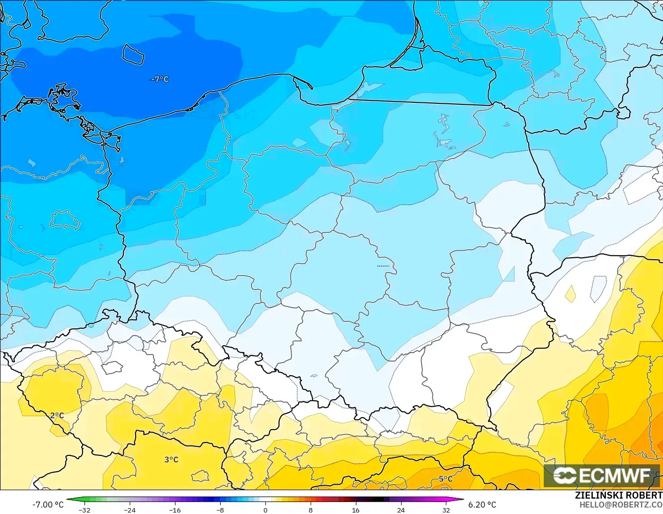 ECMWF IFS 0.25° модель - Польша, 850 hPa Температура Аномалиясы