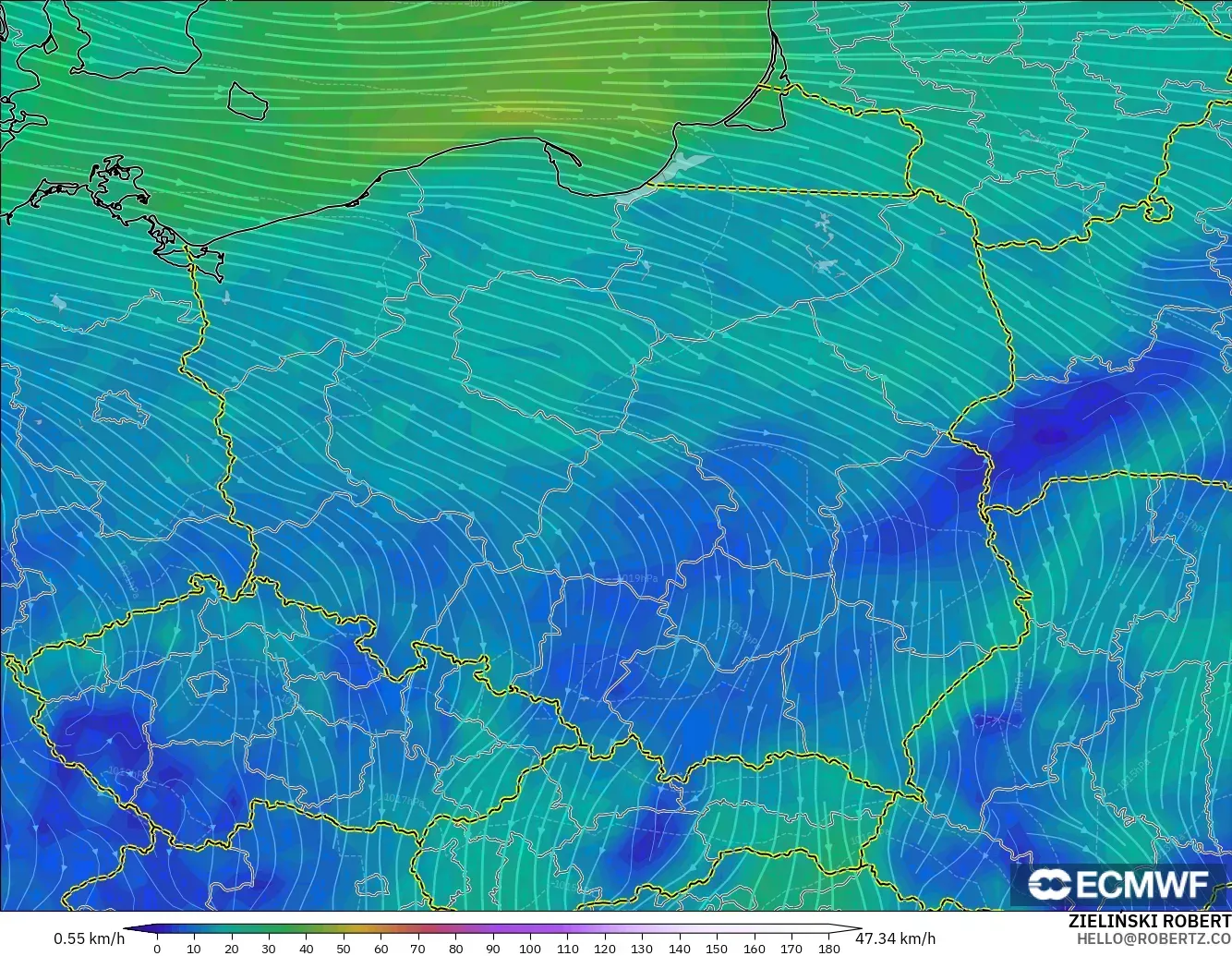 ECMWF IFS 0.25° модель - Польша, Жел 10 м