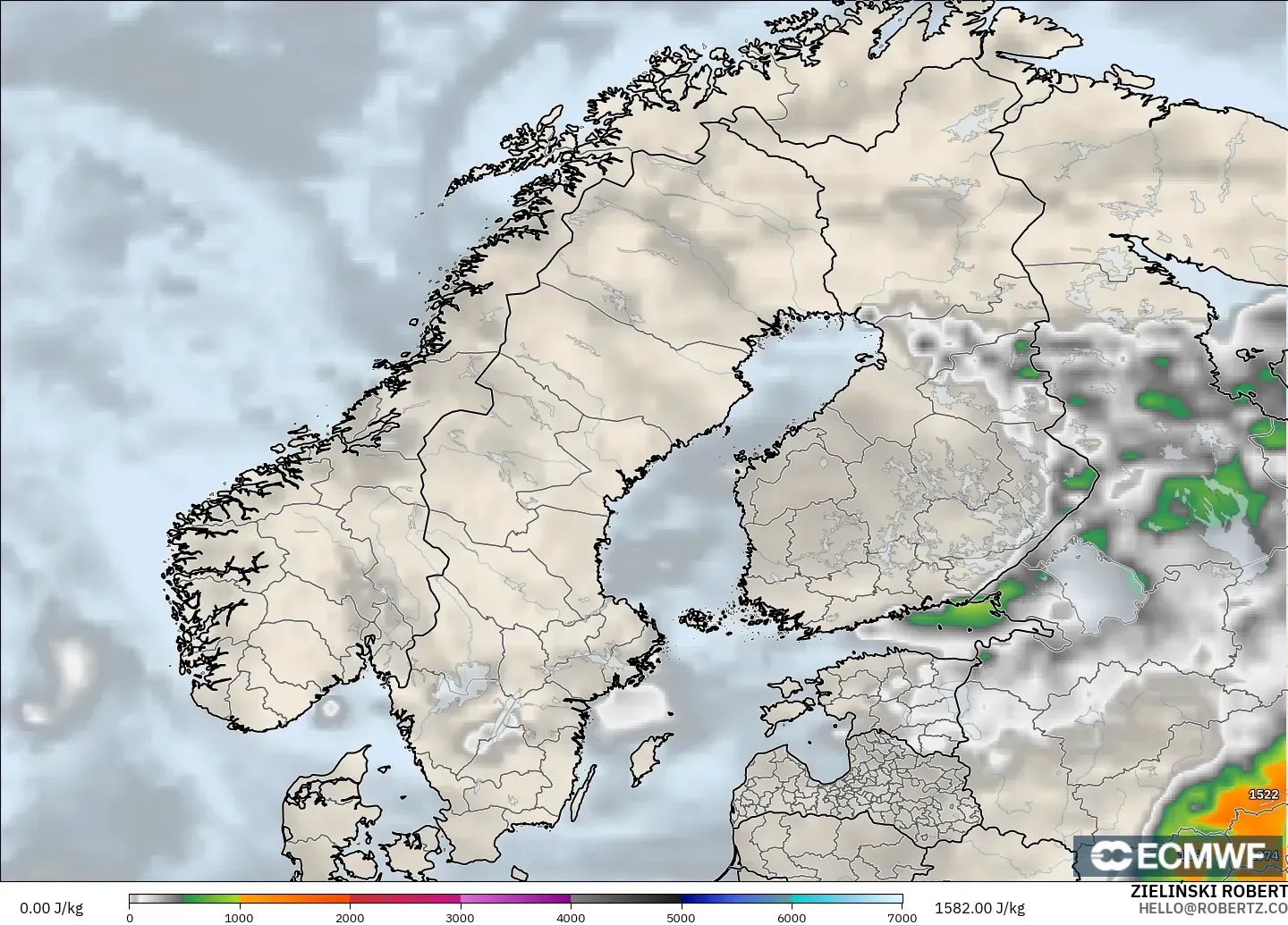 ECMWF IFS 0.25° модель - Скандинавия, CAPE