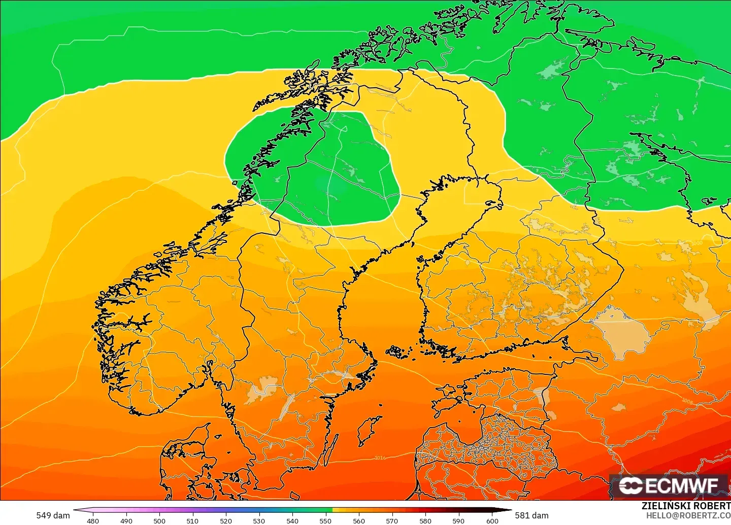 ECMWF IFS 0.25° модель - Скандинавия, 500 гПа деңгейіндегі геопотенциал биіктігі