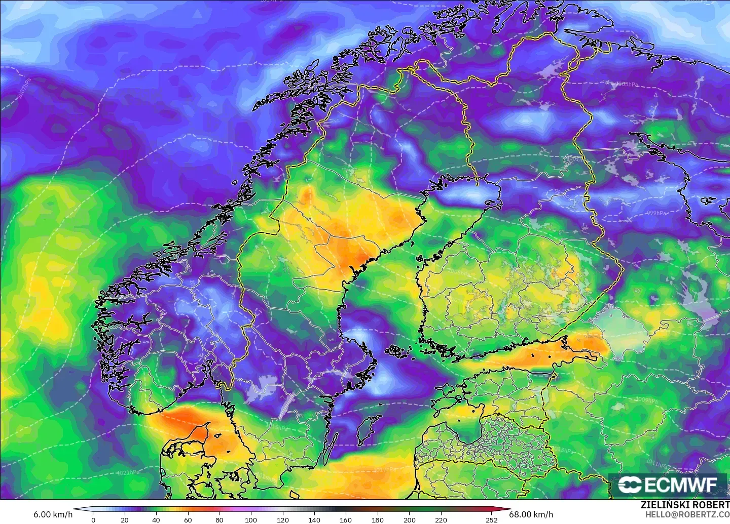 ECMWF IFS 0.25° модель - Скандинавия, Ең Жоғары Екпін