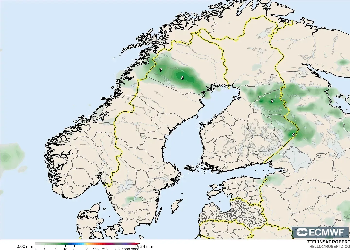 ECMWF IFS 0.25° модель - Скандинавия, Жауын-шашын Жинақталуы