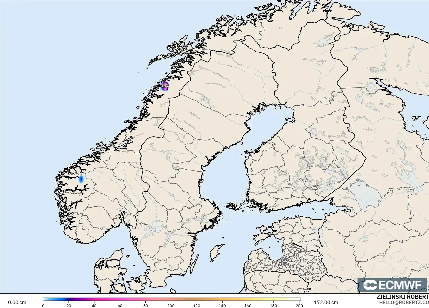 ECMWF IFS 0.25° модель - Скандинавия, Қар Қалыңдығы