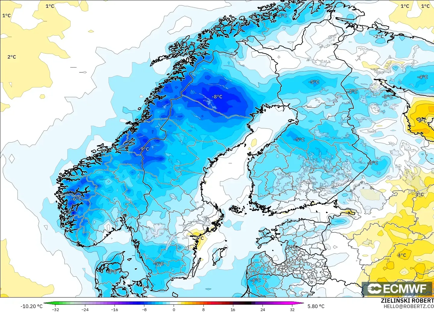 ECMWF IFS 0.25° модель - Скандинавия, 2 м Температура Аномалиясы