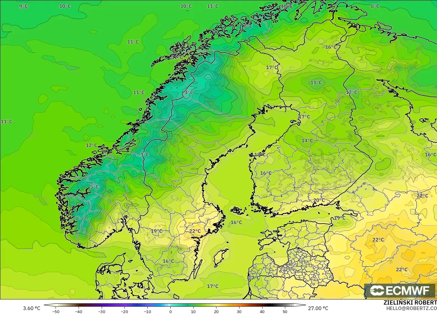 ECMWF IFS 0.25° модель - Скандинавия, Температура 2 м