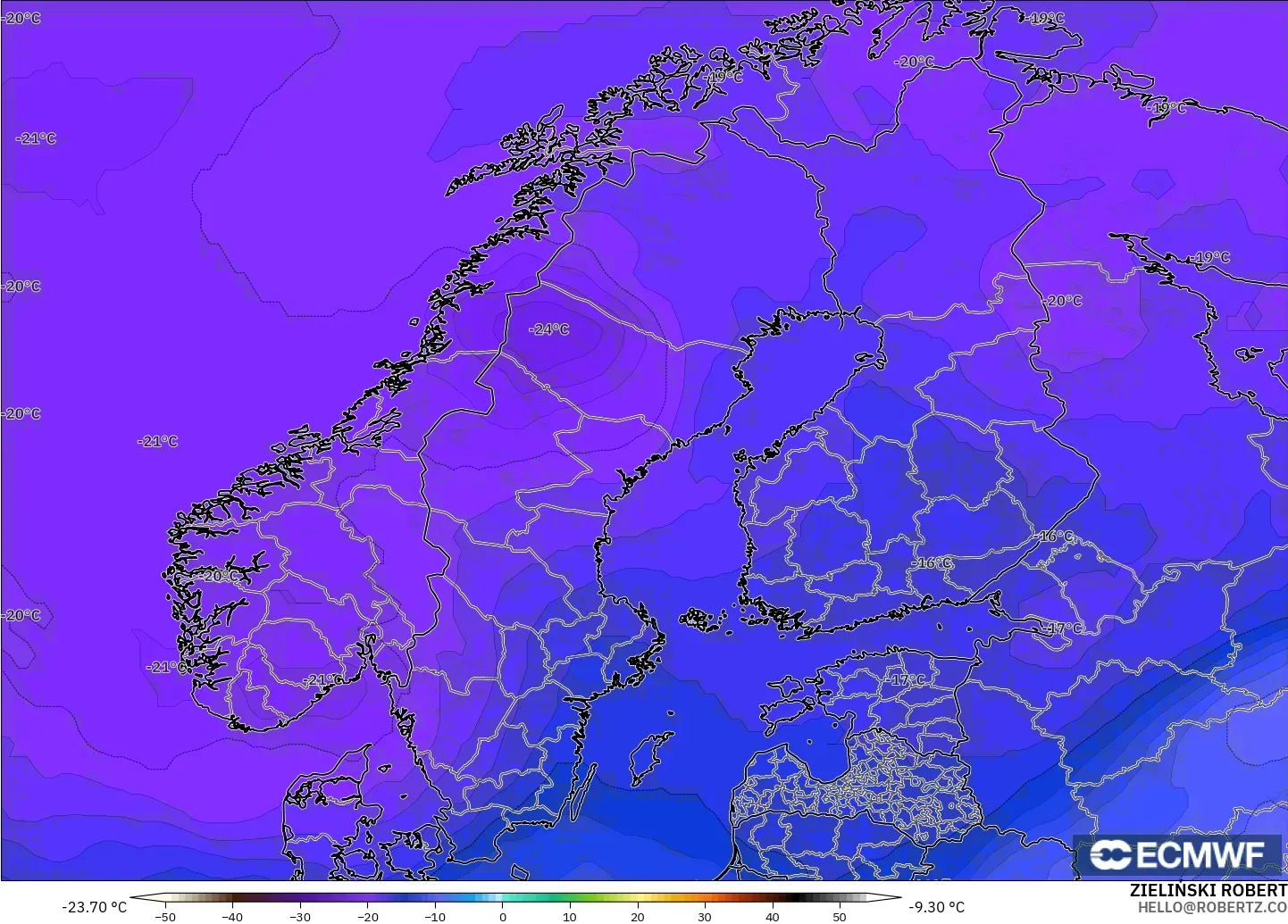 ECMWF IFS 0.25° модель - Скандинавия, Температура 500 hPa
