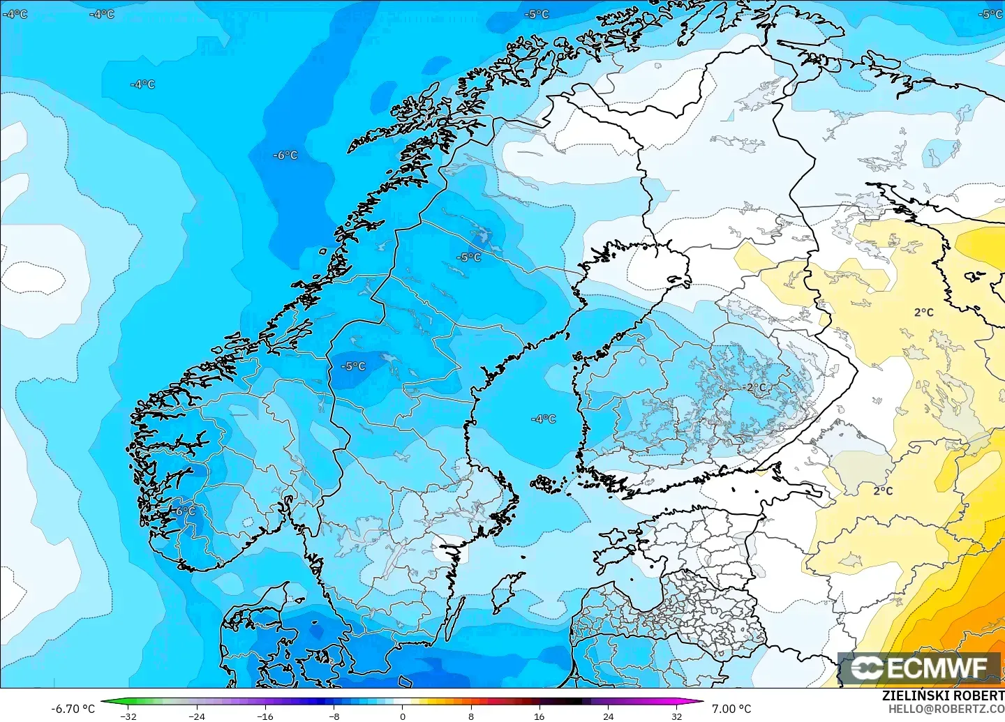 ECMWF IFS 0.25° модель - Скандинавия, 850 hPa Температура Аномалиясы