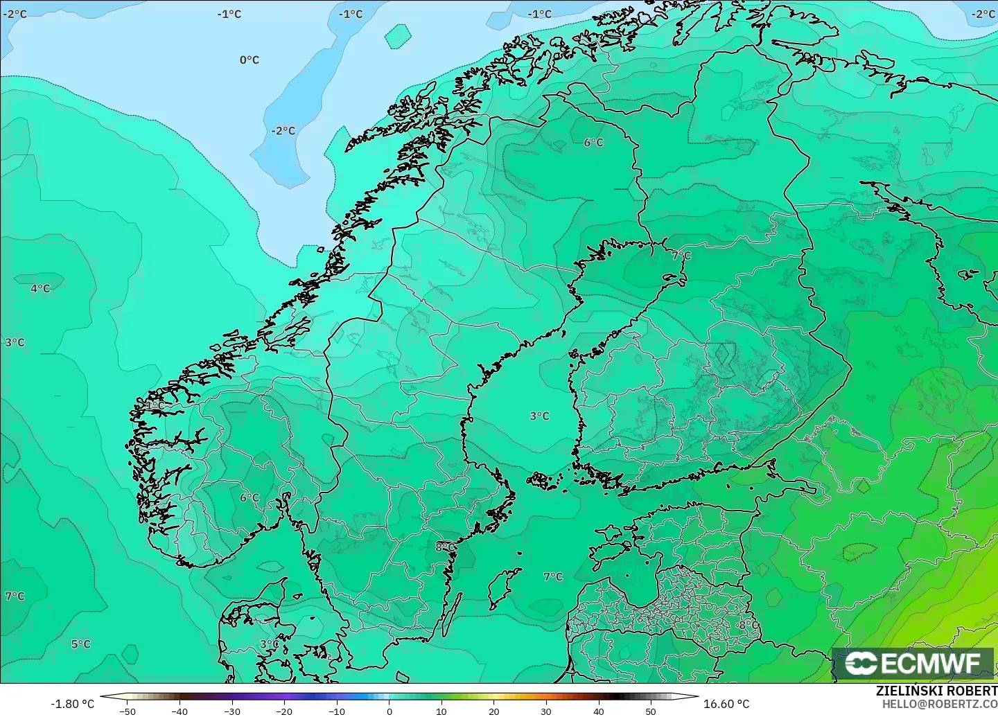 ECMWF IFS 0.25° модель - Скандинавия, Температура 850 hPa