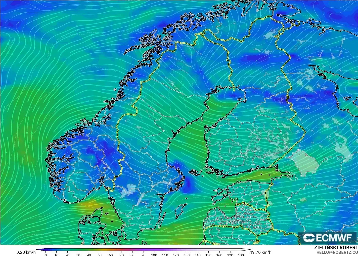 ECMWF IFS 0.25° модель - Скандинавия, Жел 10 м