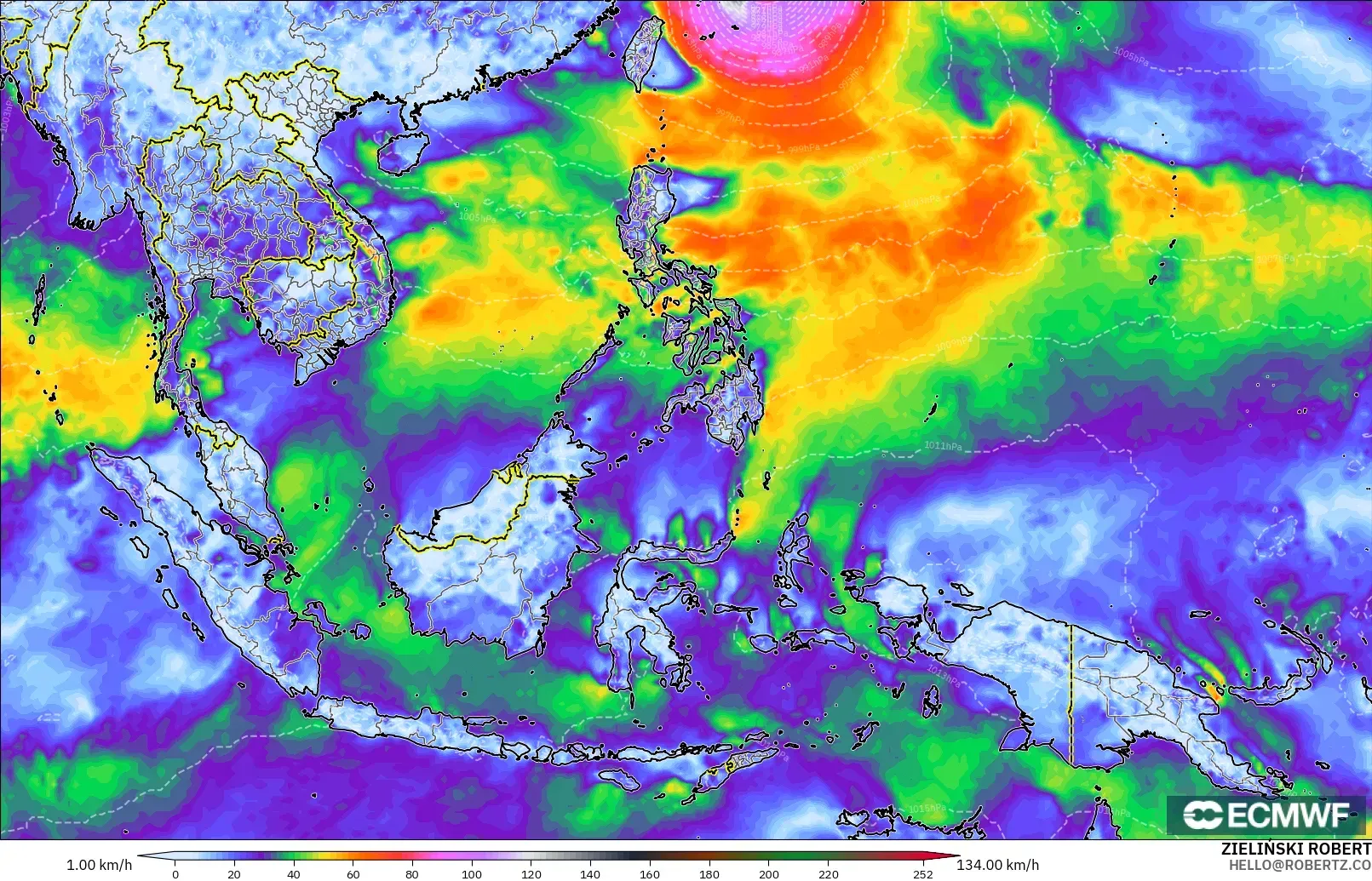 ECMWF IFS 0.25° модель - Оңтүстік-Шығыс Азия, Екпінді Жел