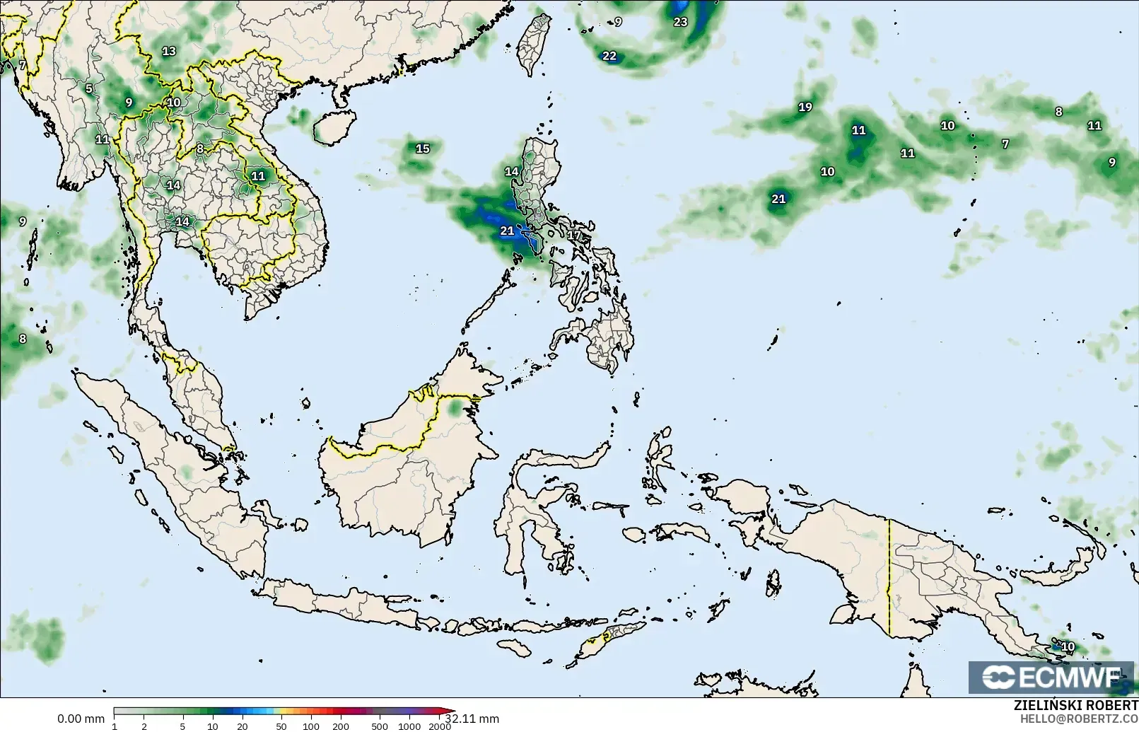 ECMWF IFS 0.25° модель - Оңтүстік-Шығыс Азия, Жауын-шашын Жинақталуы