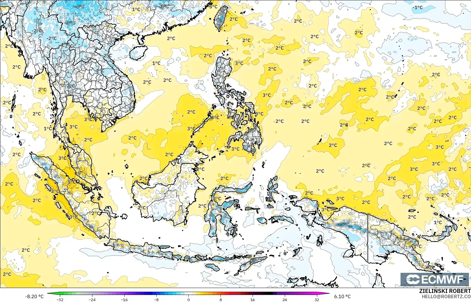 ECMWF IFS 0.25° модель - Оңтүстік-Шығыс Азия, 2 м Температура Аномалиясы
