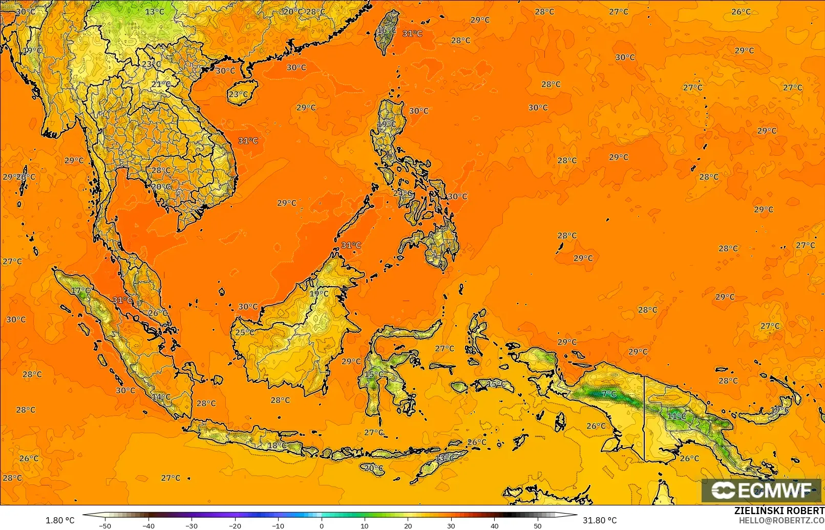 ECMWF IFS 0.25° модель - Оңтүстік-Шығыс Азия, Температура 2 м