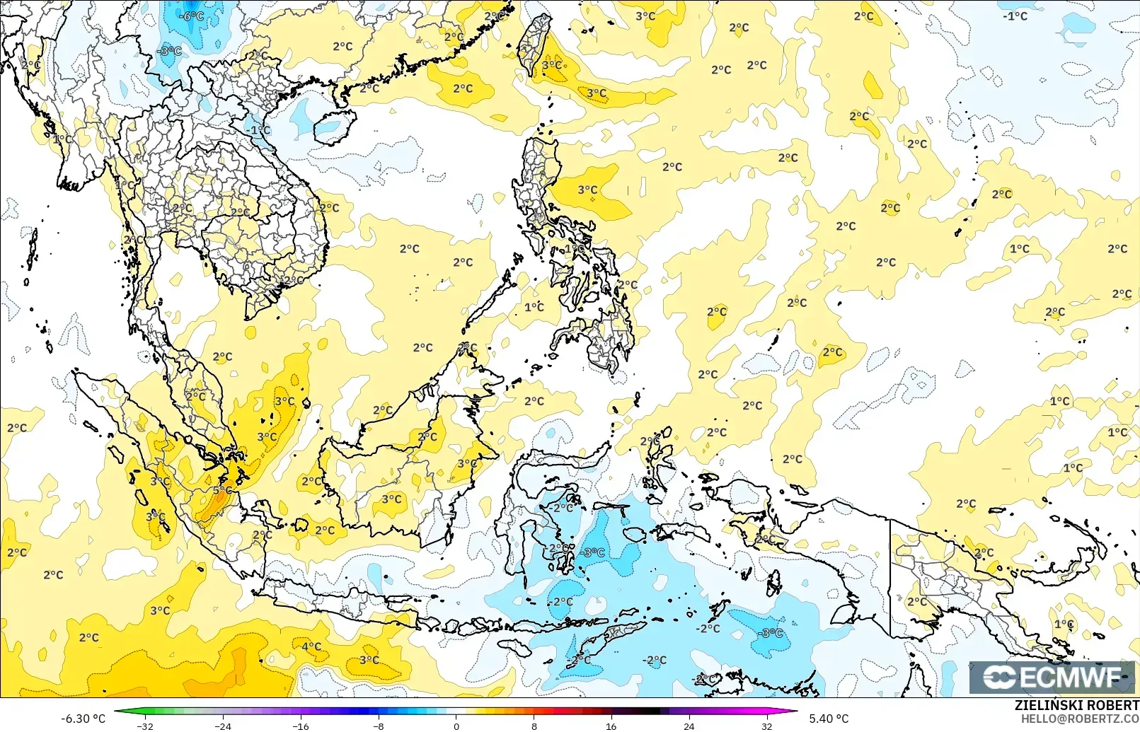 ECMWF IFS 0.25° модель - Оңтүстік-Шығыс Азия, 850 hPa Температура Аномалиясы