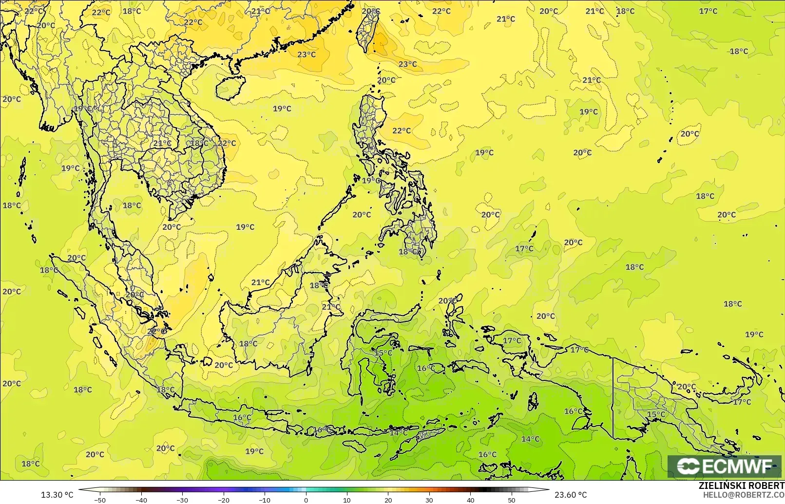 ECMWF IFS 0.25° модель - Оңтүстік-Шығыс Азия, Температура 850 hPa