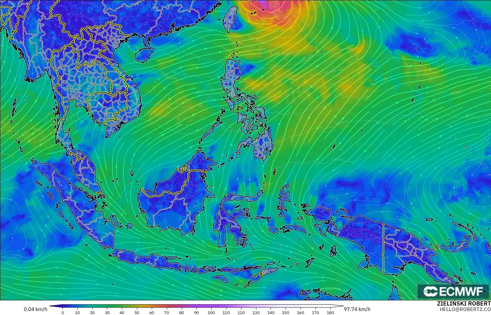 ECMWF IFS 0.25° модель - Оңтүстік-Шығыс Азия, Жел 10 м