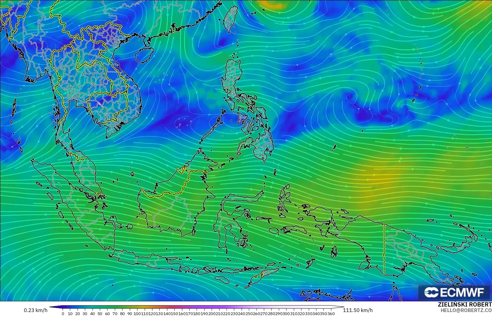 ECMWF IFS 0.25° модель - Оңтүстік-Шығыс Азия, Жел 300 hPa (жайт ағысы)
