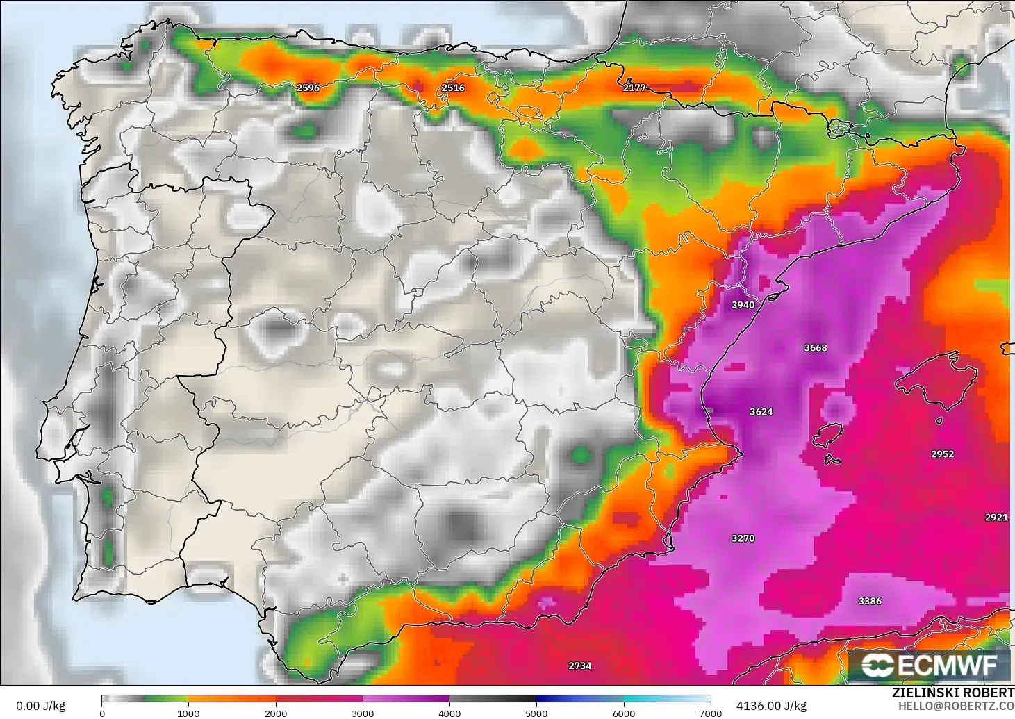 ECMWF IFS 0.25° модель - Испания, CAPE