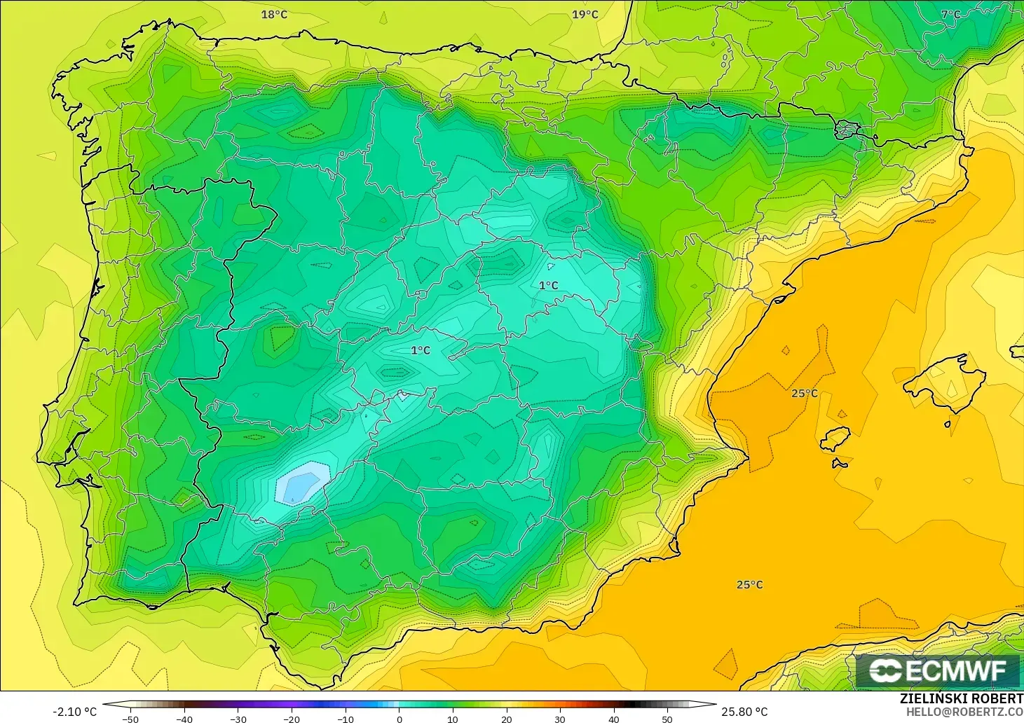 ECMWF IFS 0.25° модель - Испания, Шық Нүктесі 2 м