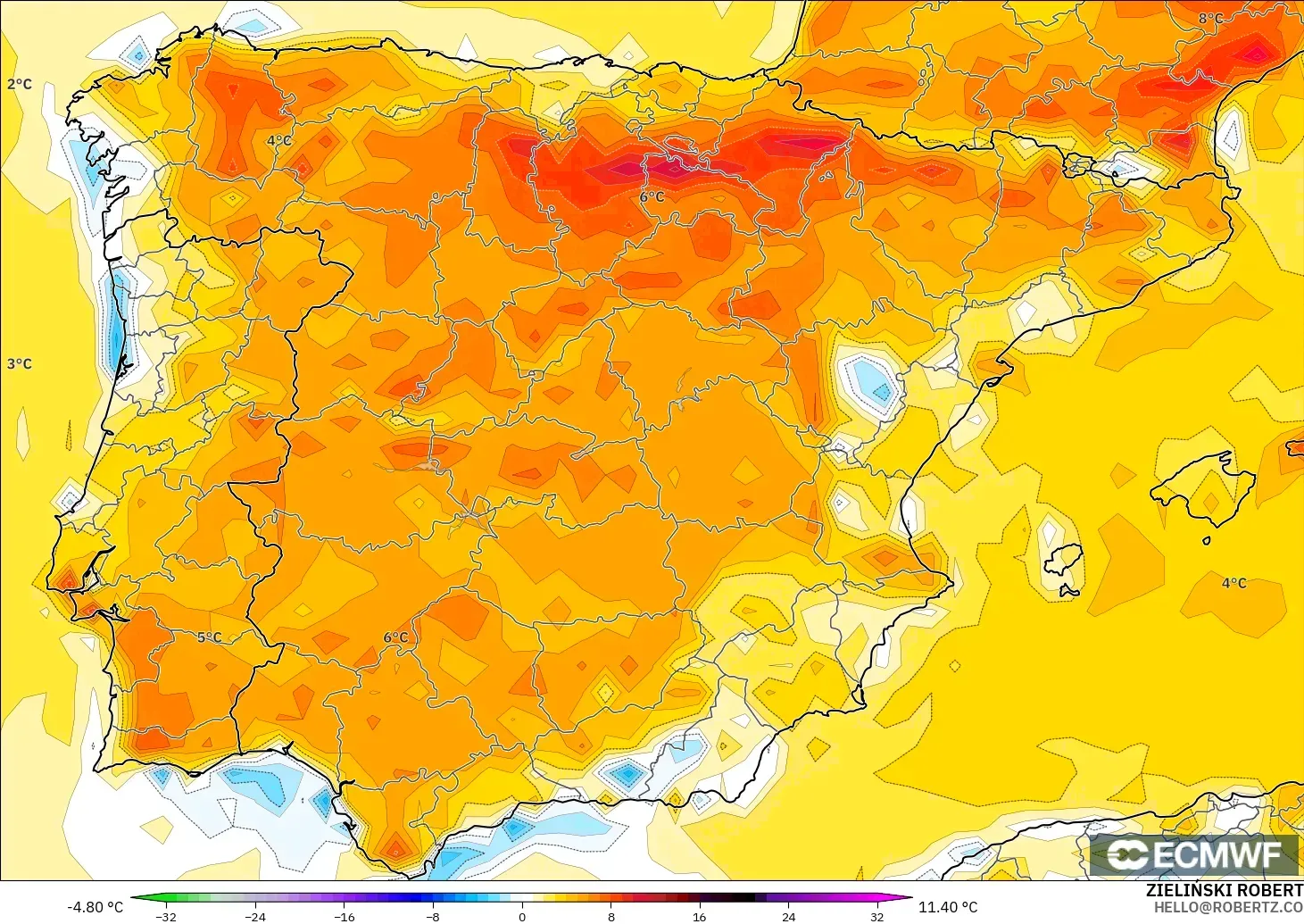 ECMWF IFS 0.25° модель - Испания, 2 м Температура Аномалиясы