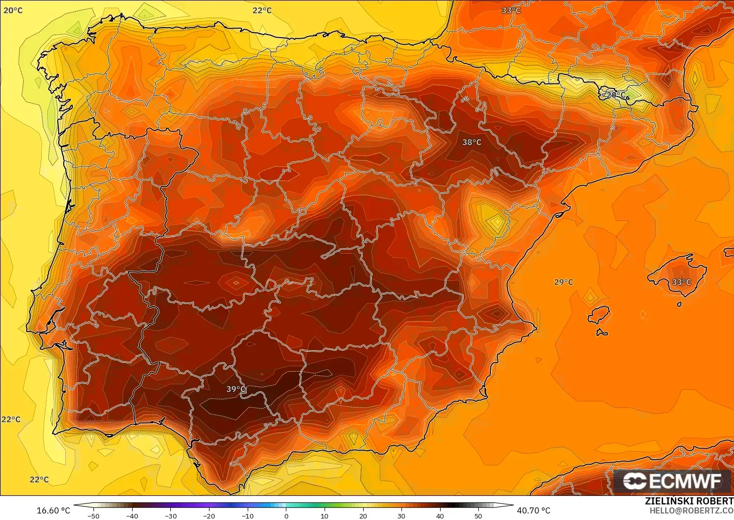 ECMWF IFS 0.25° модель - Испания, Температура 2 м