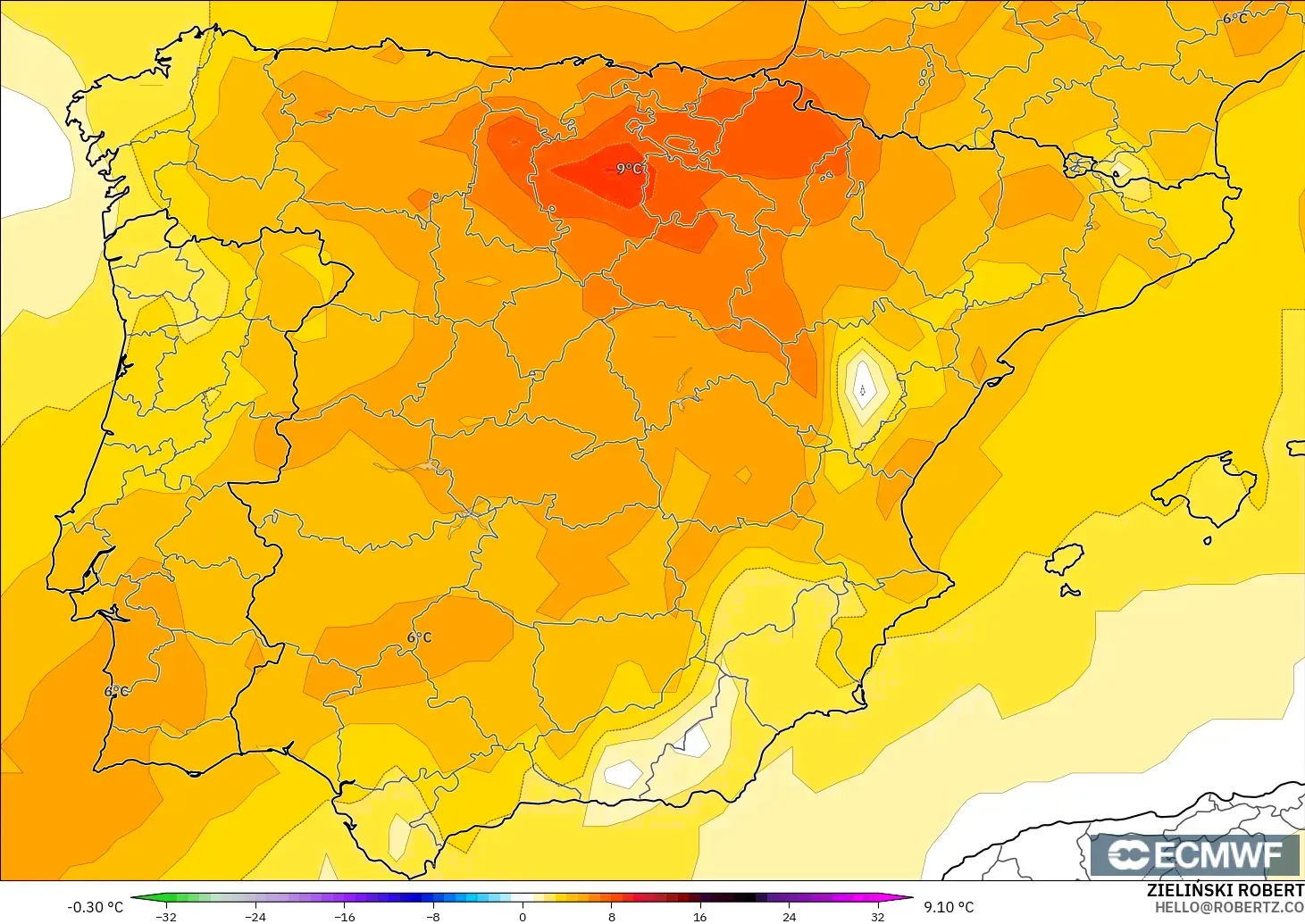 ECMWF IFS 0.25° модель - Испания, 850 hPa Температура Аномалиясы