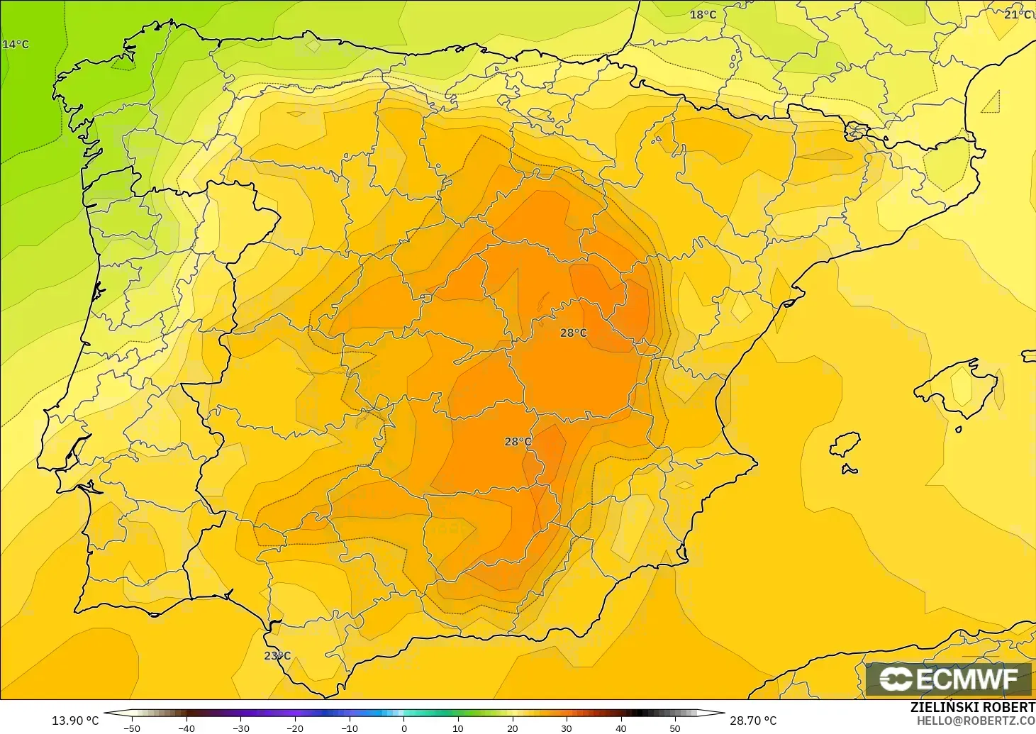 ECMWF IFS 0.25° модель - Испания, Температура 850 hPa