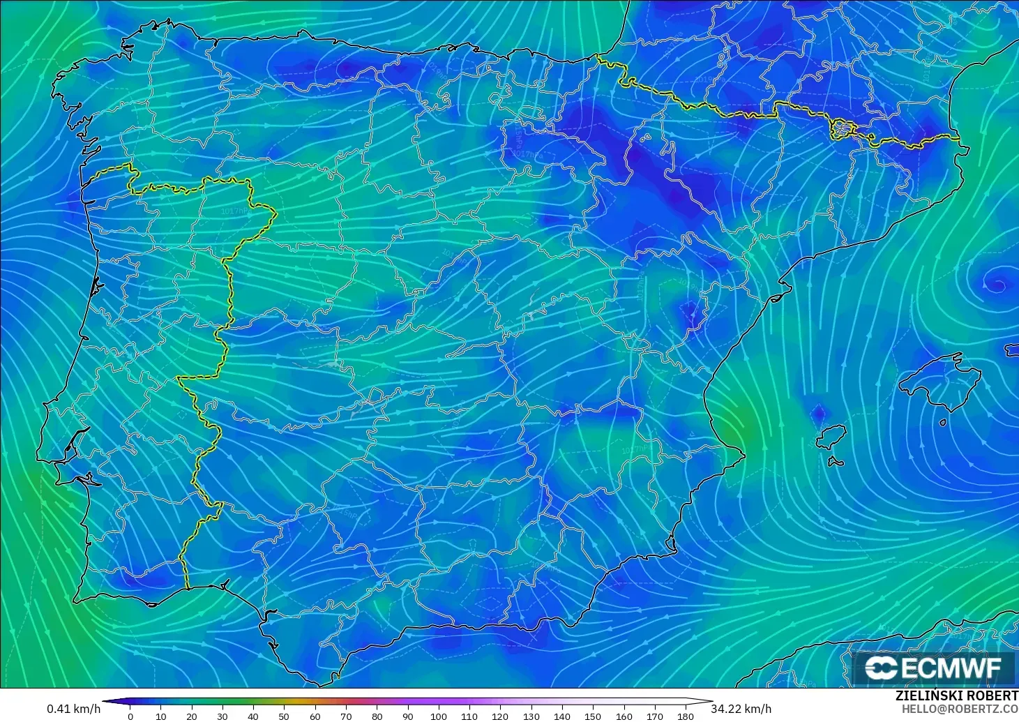 ECMWF IFS 0.25° модель - Испания, Жел 10 м