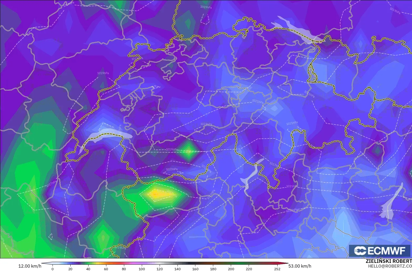ECMWF IFS 0.25° модель - Швейцария, Ең Жоғары Екпін