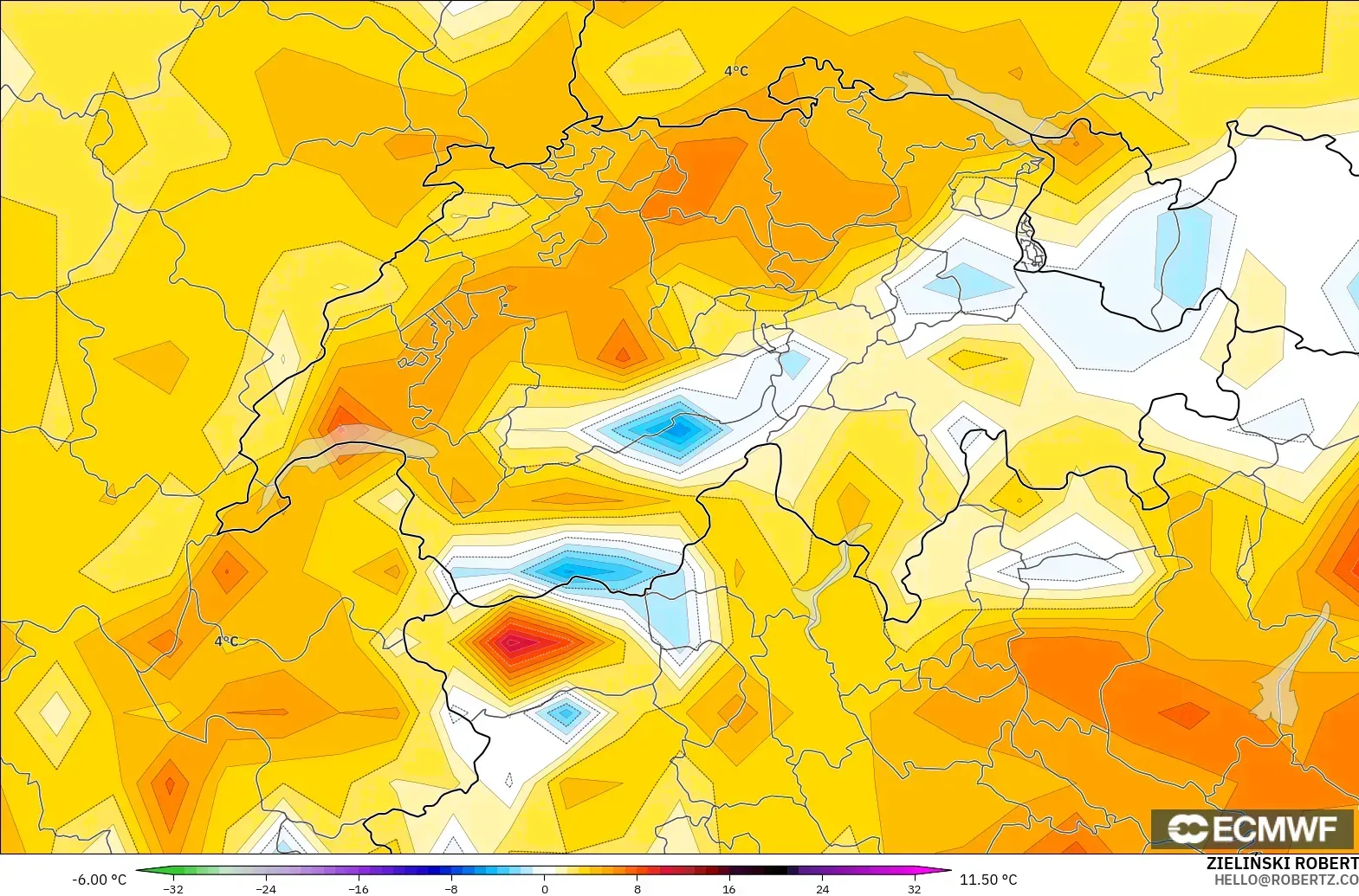 ECMWF IFS 0.25° модель - Швейцария, 2 м Температура Аномалиясы