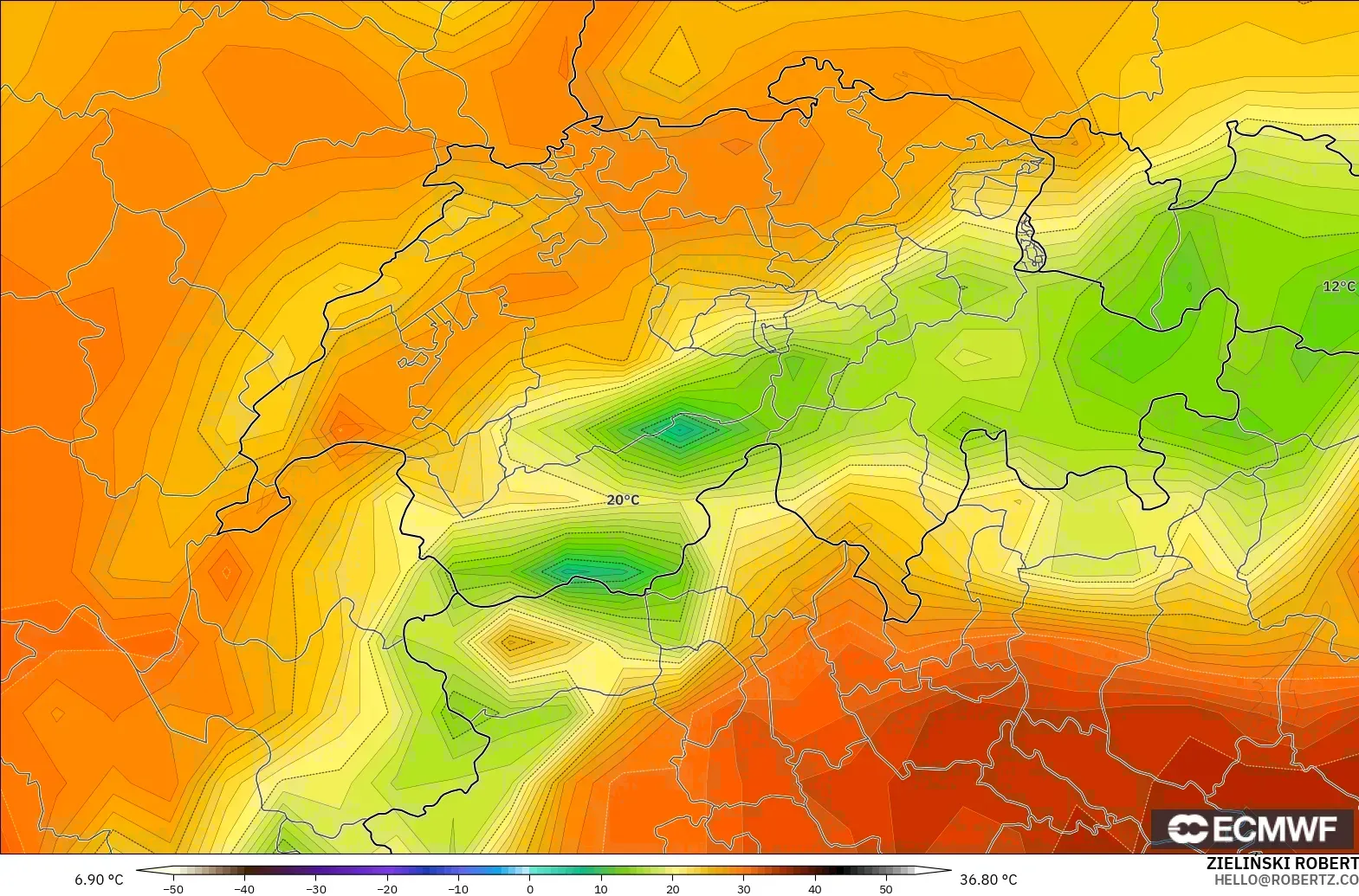 ECMWF IFS 0.25° модель - Швейцария, Температура 2 м