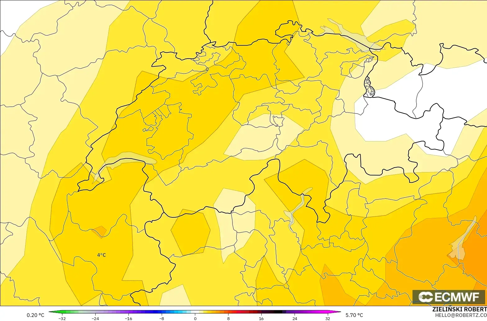 ECMWF IFS 0.25° модель - Швейцария, 850 hPa Температура Аномалиясы