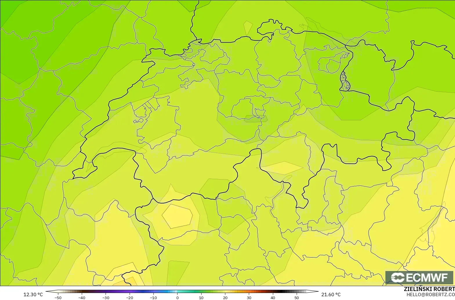 ECMWF IFS 0.25° модель - Швейцария, Температура 850 hPa