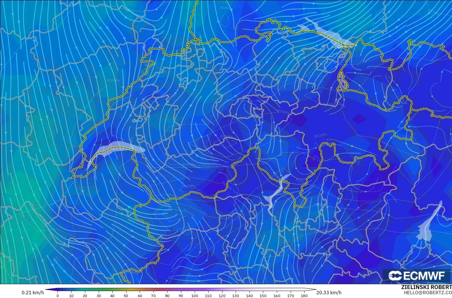 ECMWF IFS 0.25° модель - Швейцария, Жел 10 м