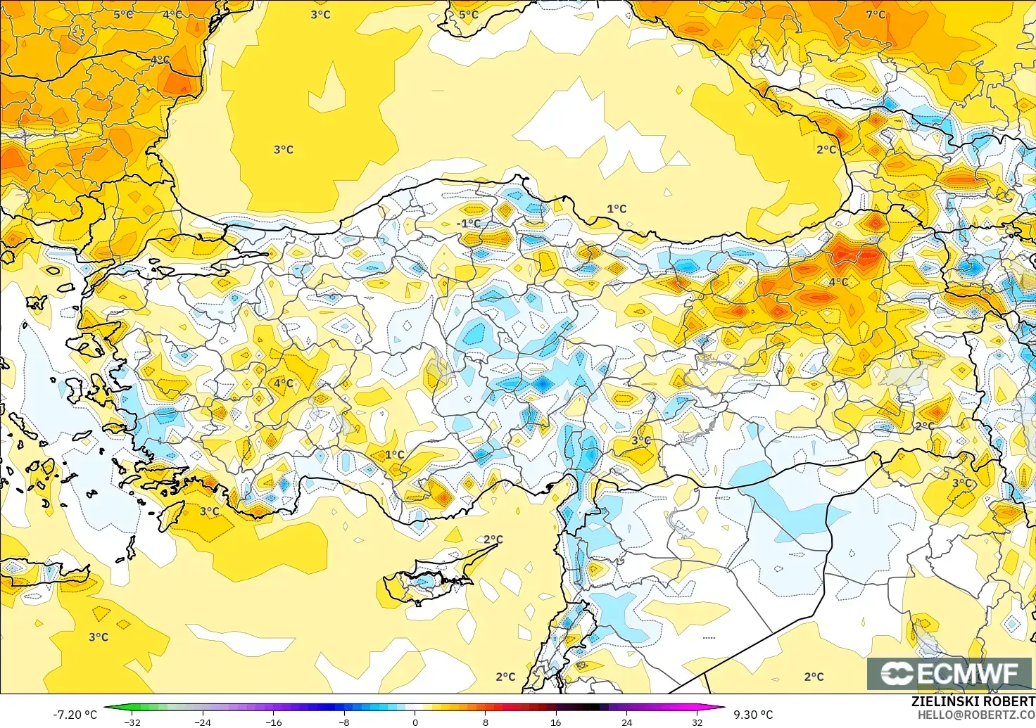ECMWF IFS 0.25° модель - Түркия, 2 м Температура Аномалиясы