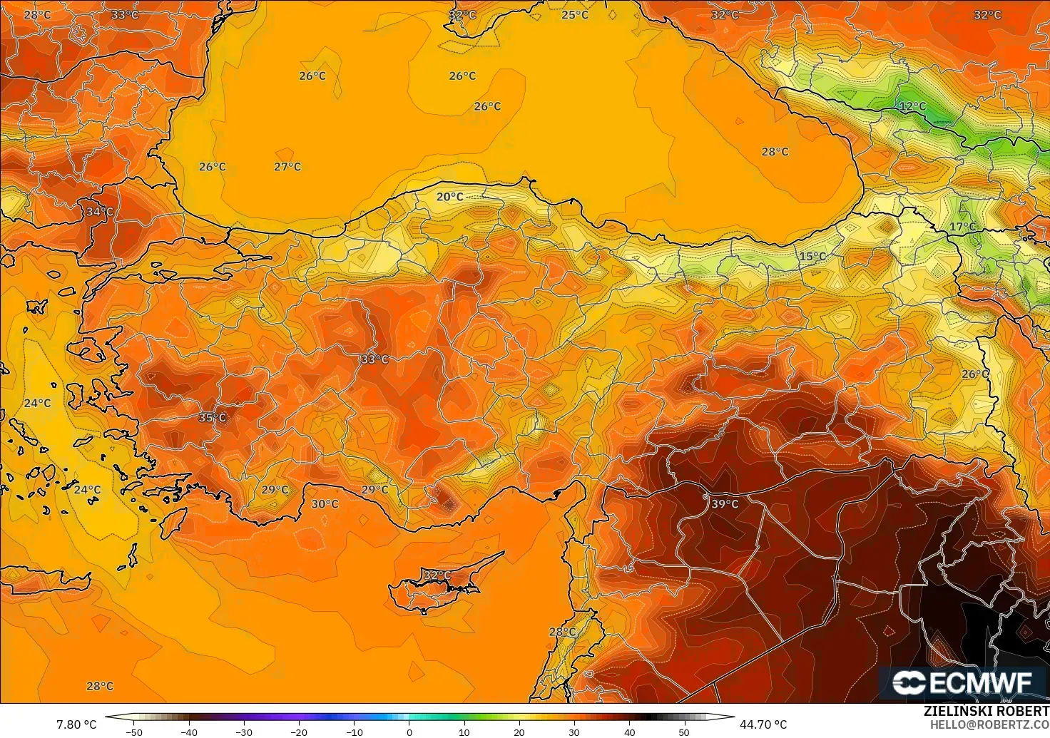 ECMWF IFS 0.25° модель - Түркия, Температура 2 м