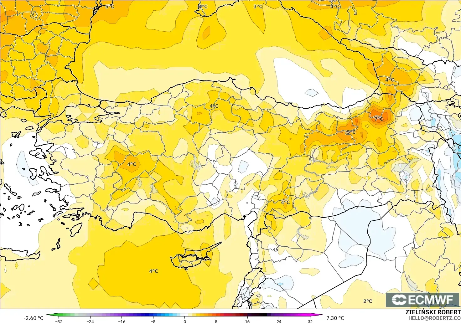 ECMWF IFS 0.25° модель - Түркия, 850 hPa Температура Аномалиясы