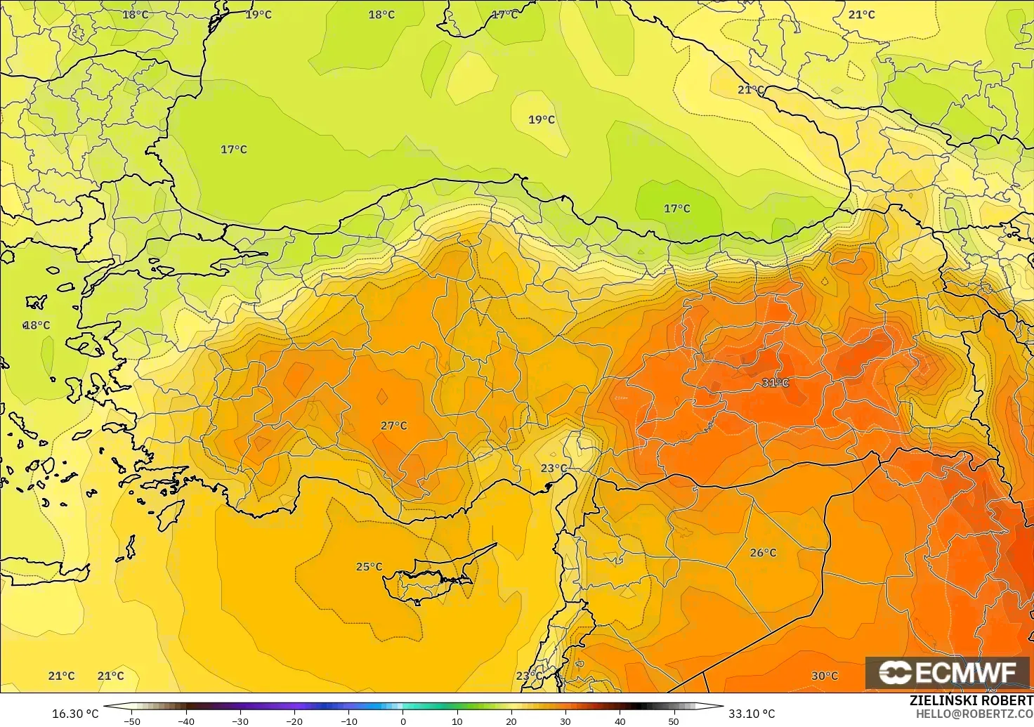 ECMWF IFS 0.25° модель - Түркия, Температура 850 hPa