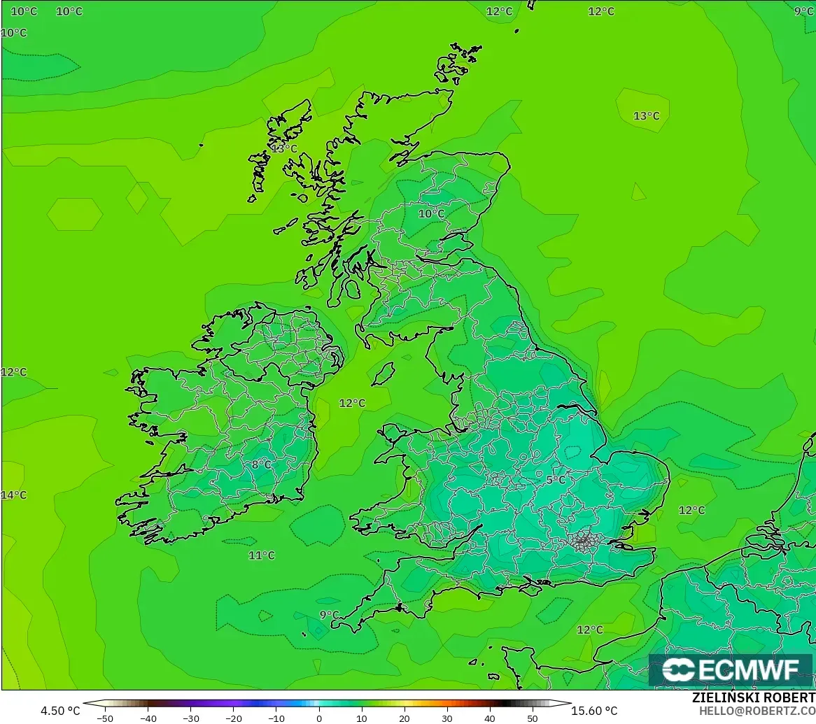 ECMWF IFS 0.25° модель - Ұлыбритания, Шық Нүктесі 2 м