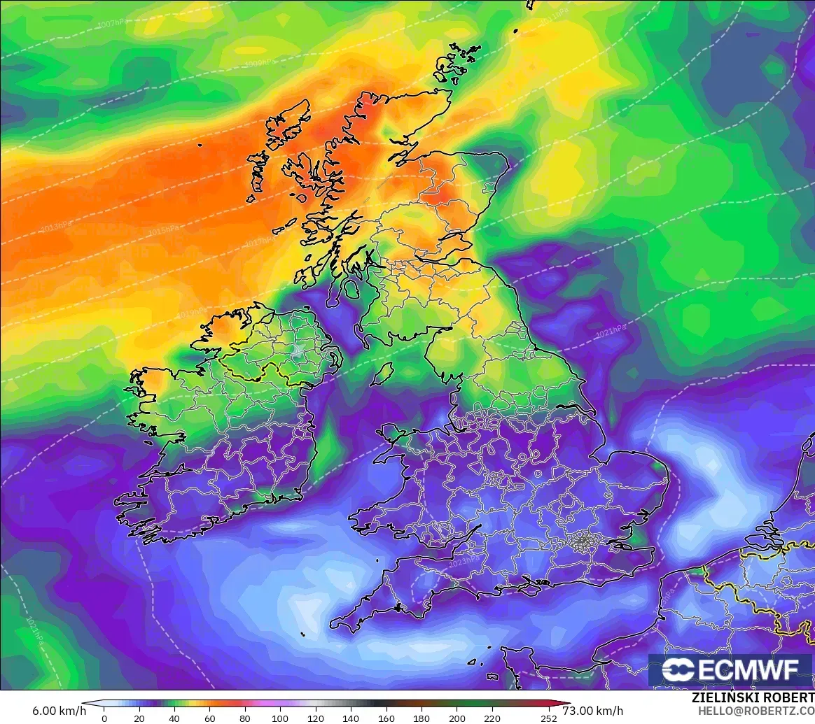 ECMWF IFS 0.25° модель - Ұлыбритания, Ең Жоғары Екпін