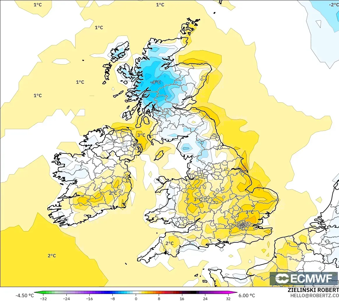 ECMWF IFS 0.25° модель - Ұлыбритания, 2 м Температура Аномалиясы