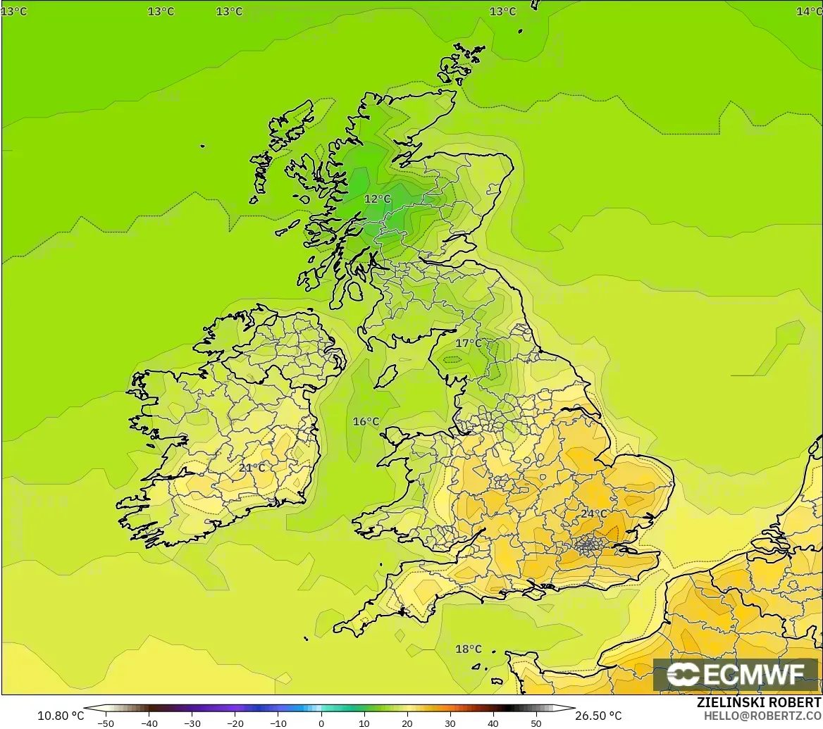 ECMWF IFS 0.25° модель - Ұлыбритания, Температура 2 м