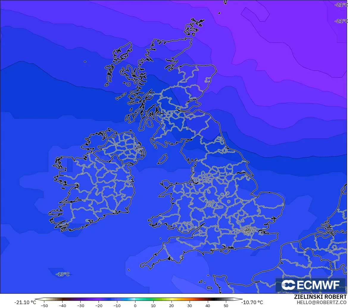 ECMWF IFS 0.25° модель - Ұлыбритания, Температура 500 hPa