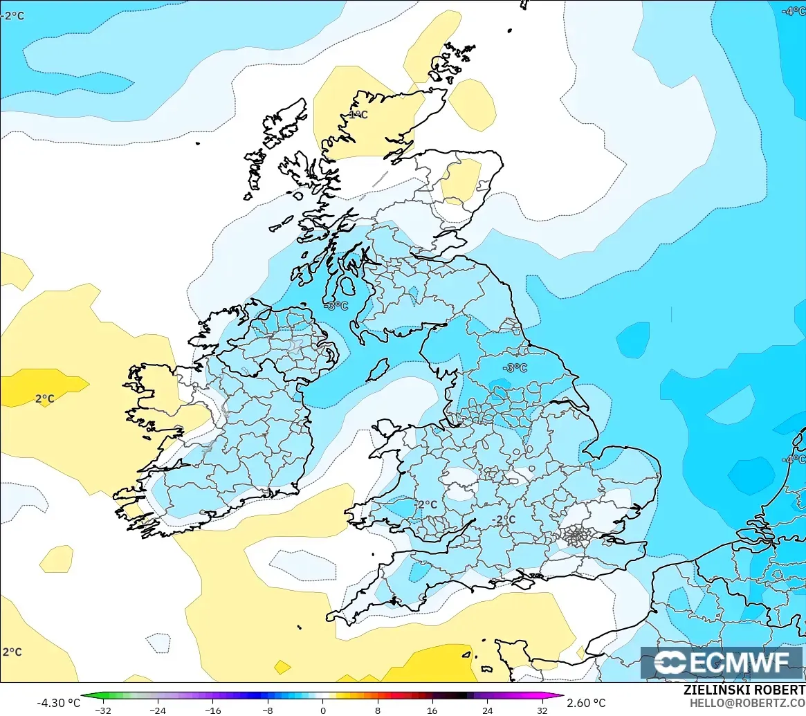 ECMWF IFS 0.25° модель - Ұлыбритания, 850 hPa Температура Аномалиясы