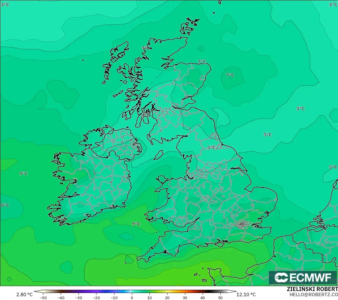 ECMWF IFS 0.25° модель - Ұлыбритания, Температура 850 hPa